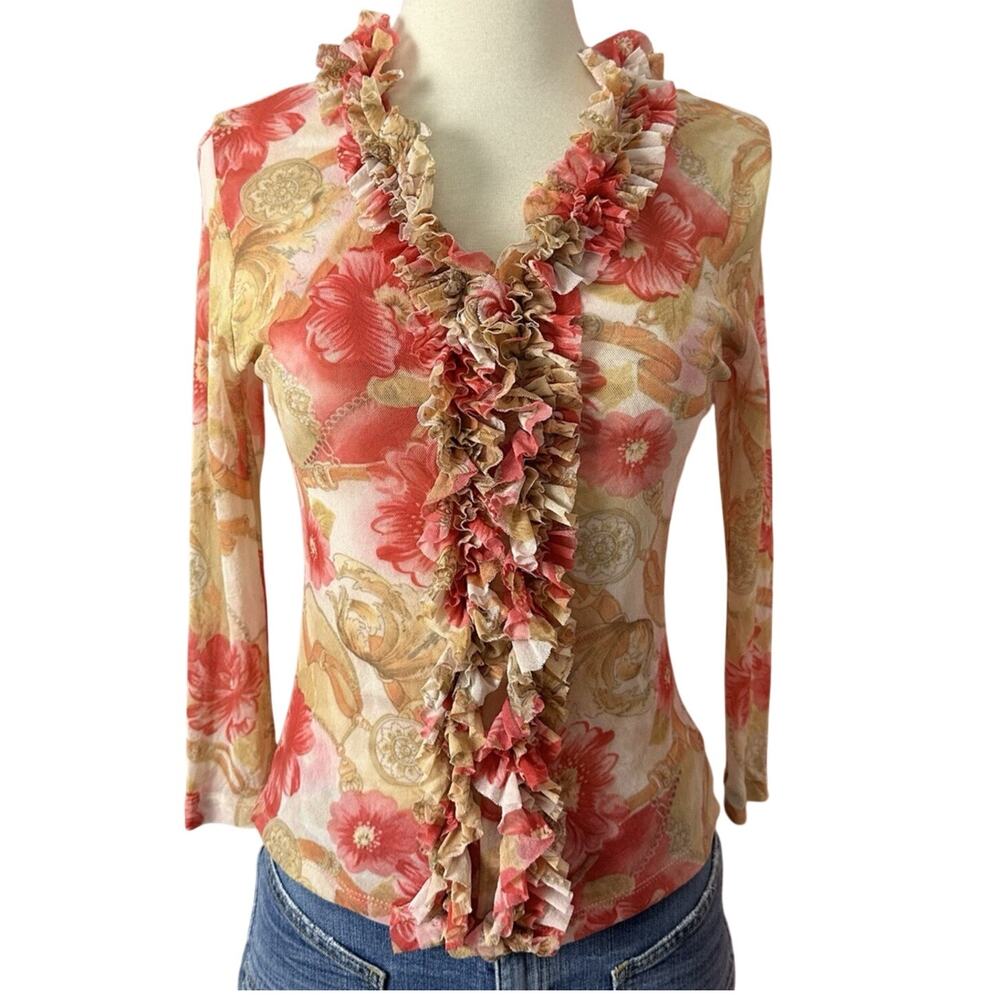 VTG Y2K Womens Ruffle Blouse Sheer Long Sleeve Yellow Gold Mesh Size Small S